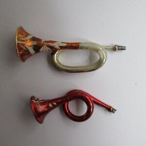 2 Hand Blown Glass Christmas Ornament Trumpet French Horn Bugle Vtg Missing Cap